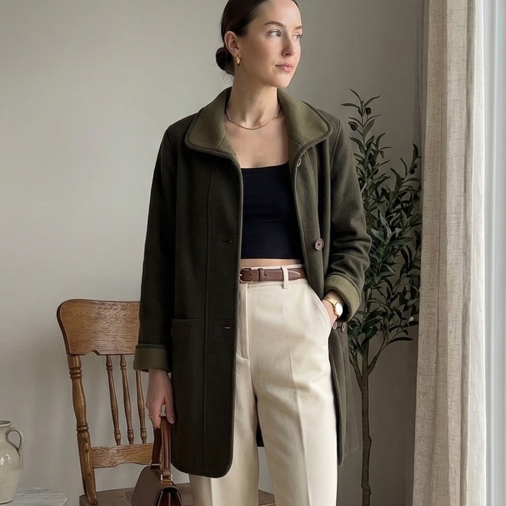 SuperFine Virgin WoolCashmere Green Coat Italian oldmoney Vintage Academia